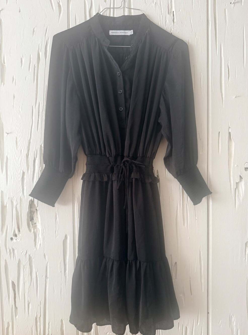 Rebecca Minkoff Black Smocked Waist Tiered Dress Long Sleeve XXS